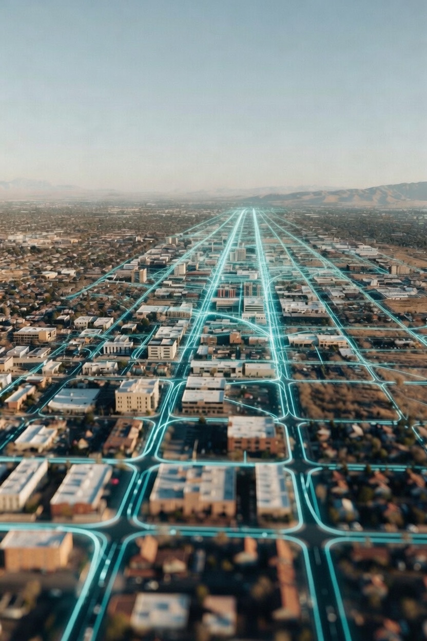 Aerial view of Mesa with fiber network coverage lines